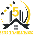Logo for "5 Star Cleaning Services" featuring a yellow number 5, a house silhouette, and five alternating stars.