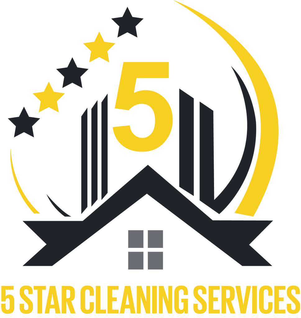 Logo for "5 Star Cleaning Services" featuring a yellow number 5, a house silhouette, and five alternating stars.