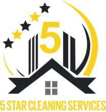 Logo for "5 Star Cleaning Services" featuring a yellow number 5, a house silhouette, and five alternating stars.