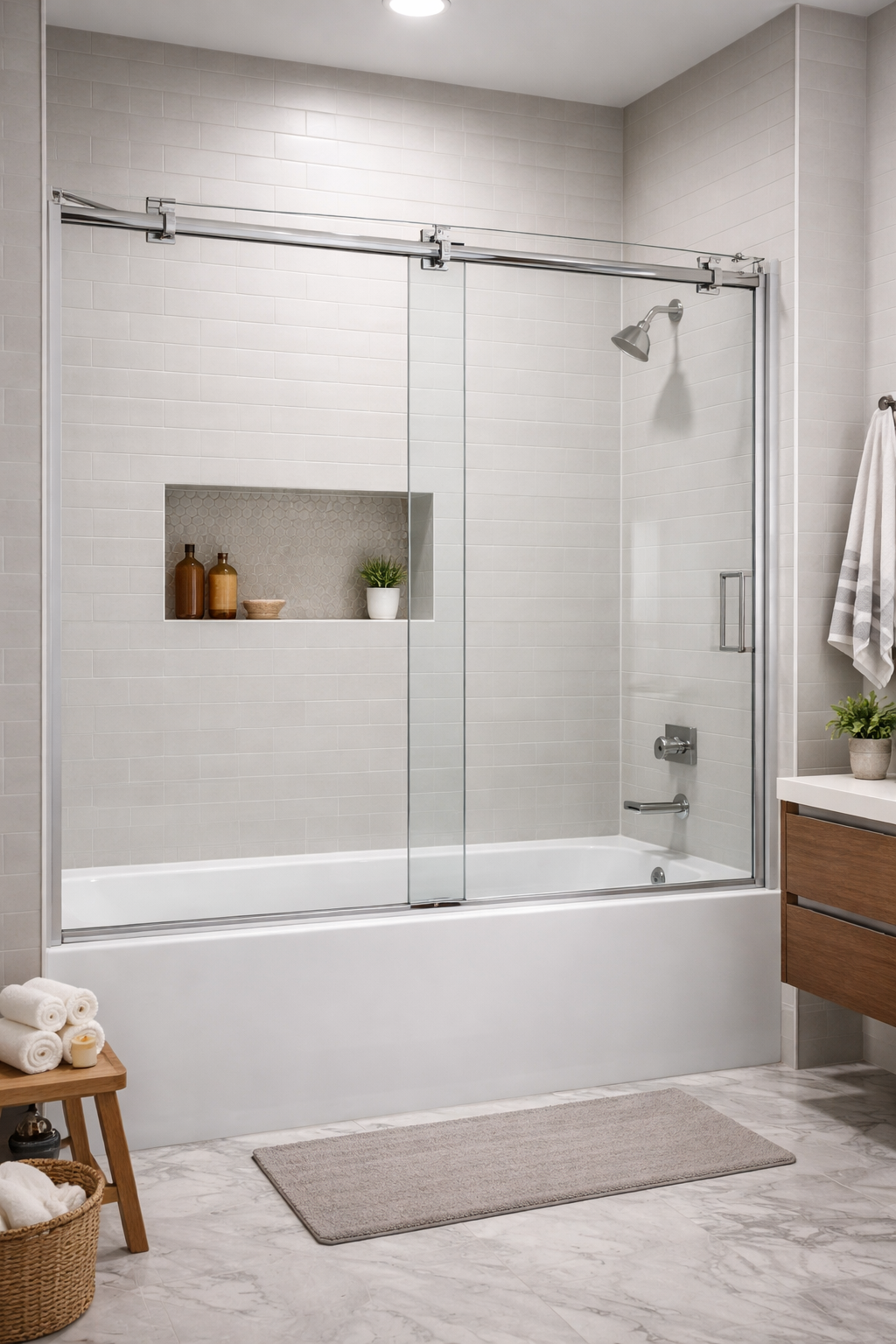 A modern bathroom with a glass shower door, built-in shelf, and wood accents.