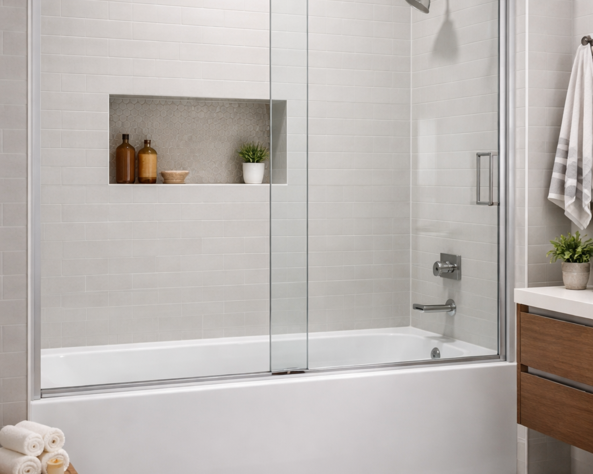 Bathtub with sliding glass doors, white tile, built-in shelf with bottles, a plant, and towel.