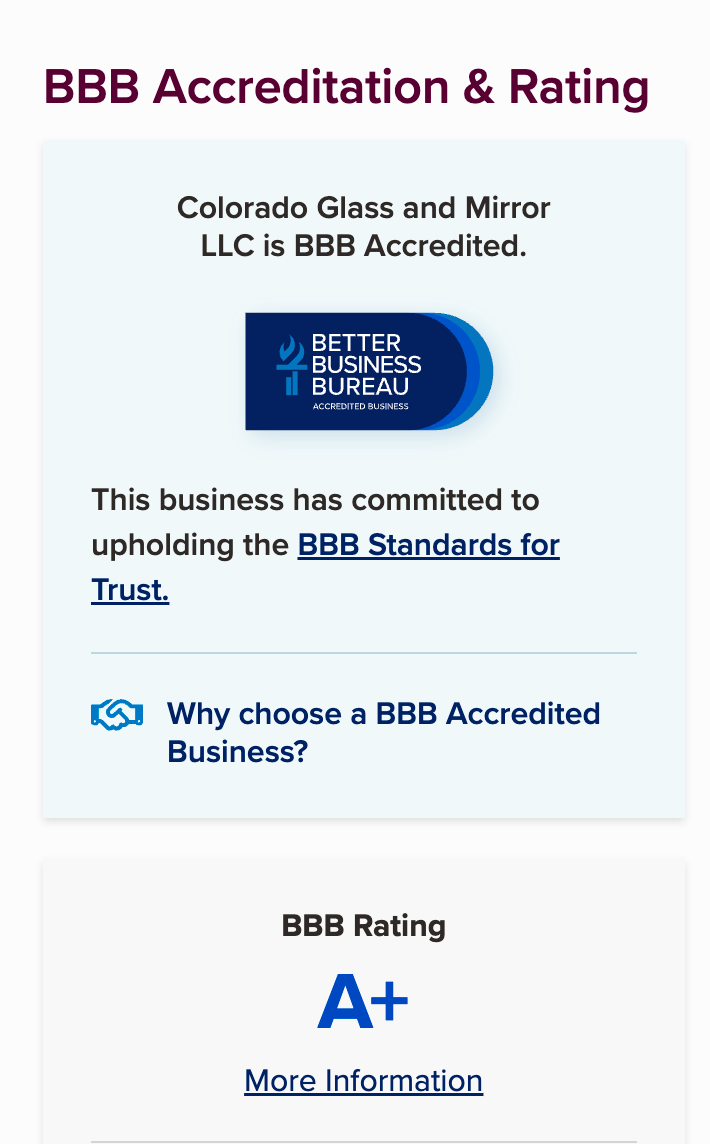 BBB Accreditation and Rating badge for Colorado Glass and Mirror LLC, showing BBB Accredited and A+ rating