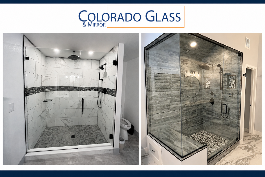 Two luxury glass shower enclosures displayed in a Colorado Glass promo image