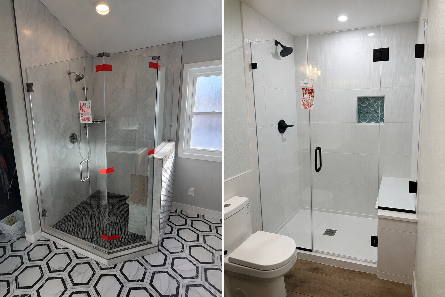 Frameless shower enclosures for two Fort Collins bathroom installations by Colorado Glass and Mirror