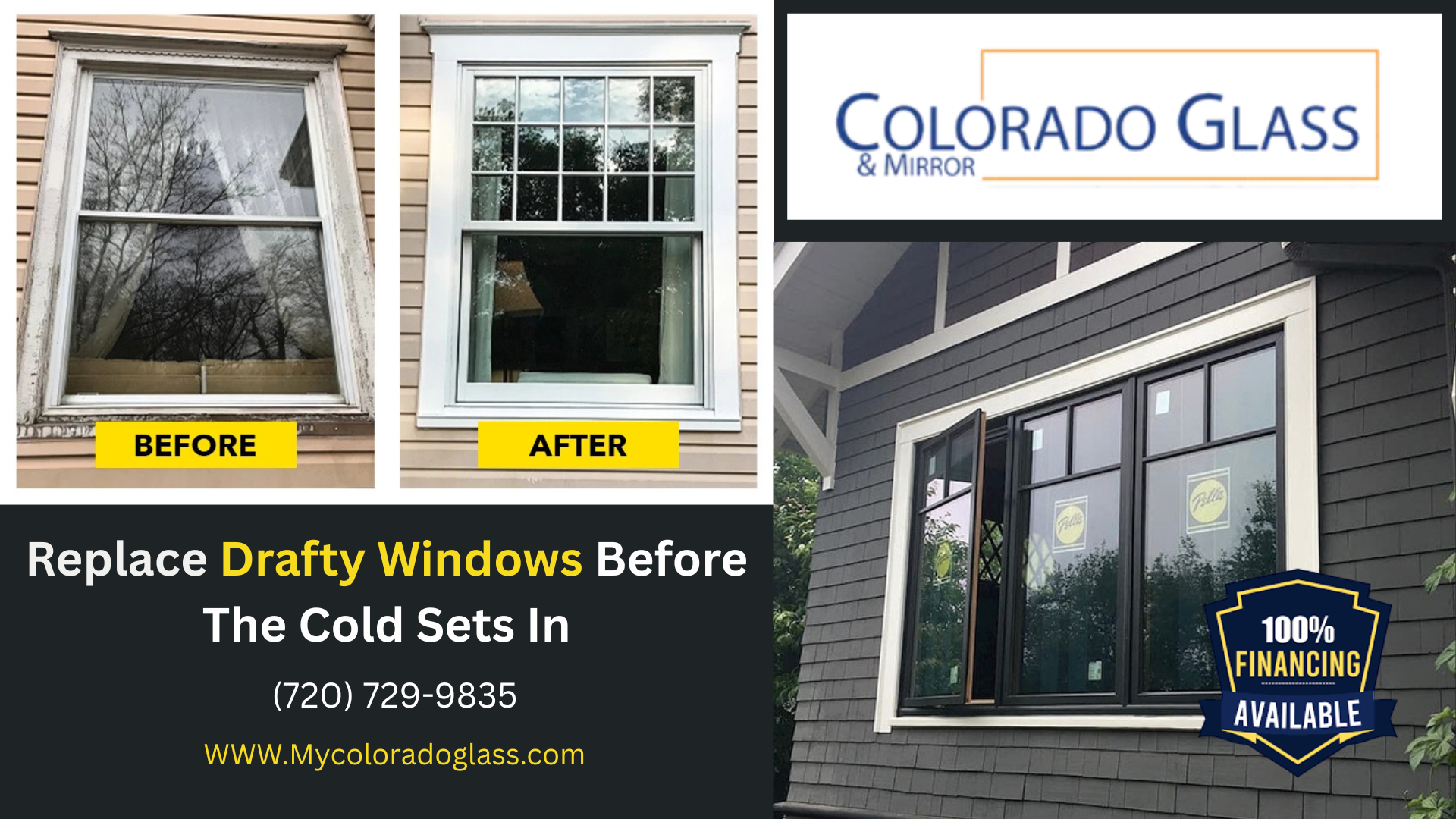 Before and after window replacement advertisement from Colorado Glass & Mirror.
