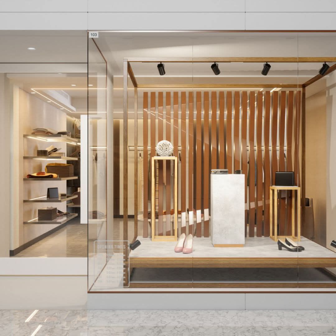 A stylish boutique storefront with a wooden display, showcasing shoes and accessories.