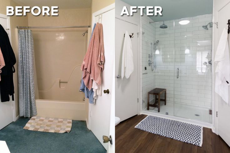 Bathroom before and after renovation: tub to a walk-in shower; green carpet to wood-look flooring.