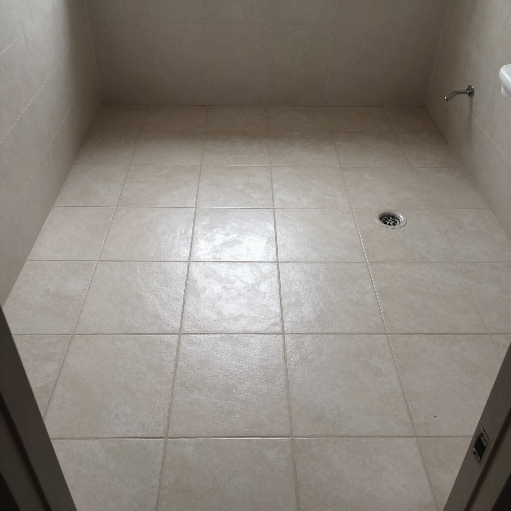 Ducha alicatada vacía, con paredes beige y un desagüe en el suelo