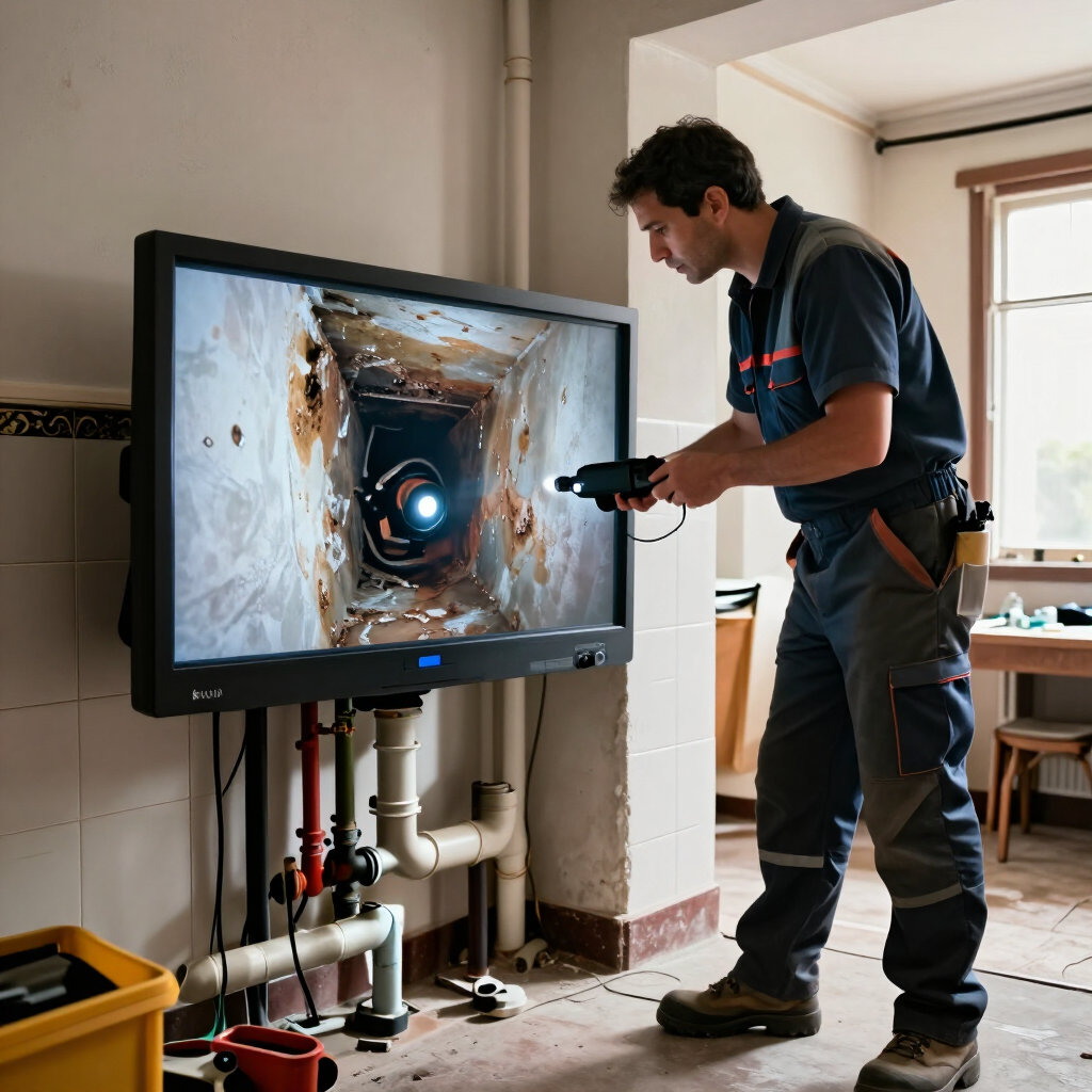 Técnico inspeccionando el interior de una tubería en un monitor en una sala de servicios