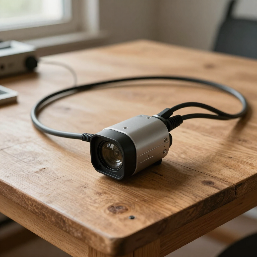 Objetivo de cámara negro sobre una mesa de madera, con un cable conectado