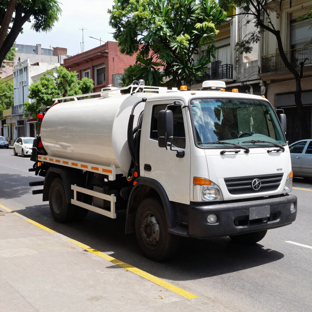 Camión blanco de limpieza viaria aparcado en una calle de la ciudad, junto a un bordillo amarillo.