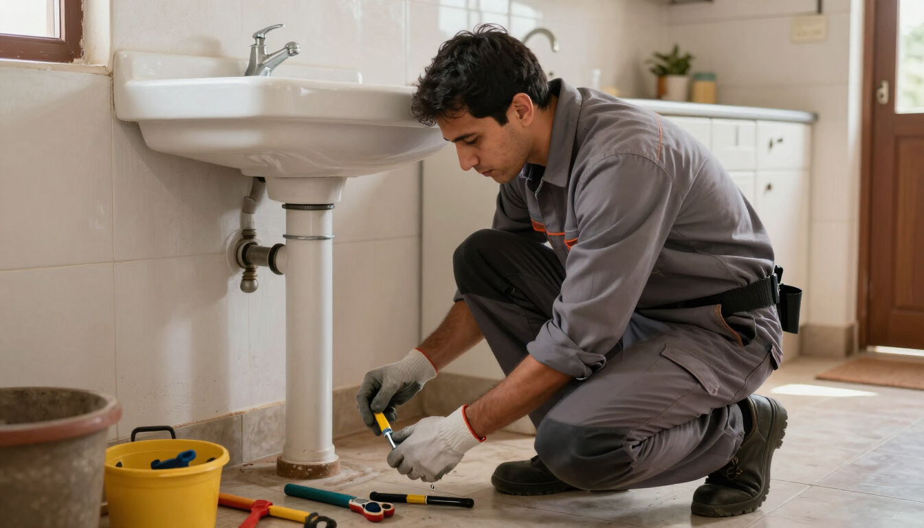 Fontanero arrodillado en el suelo del baño, reparando las tuberías debajo del lavabo, con las herramientas cerca.