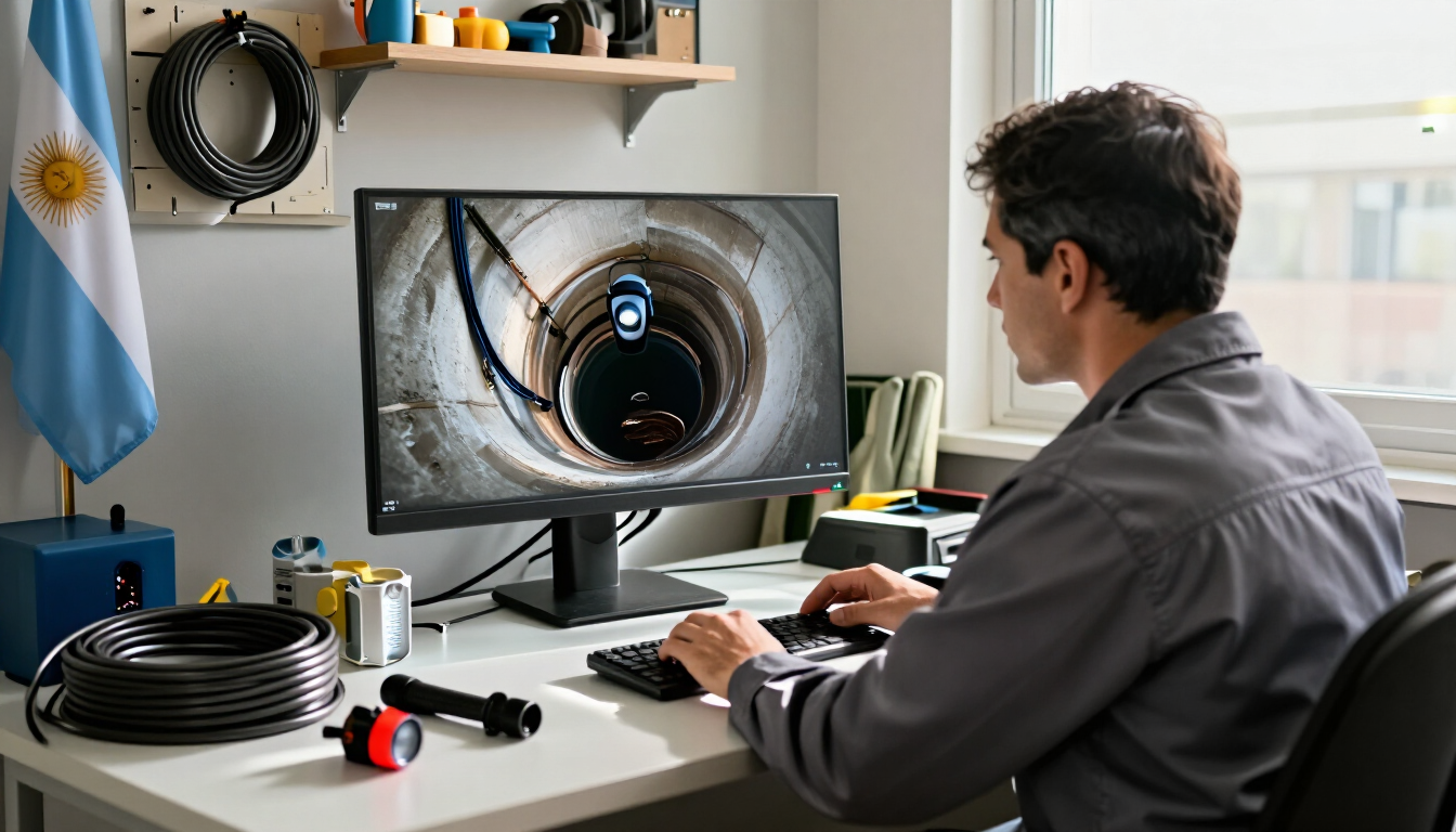 Persona sentada en un escritorio, mirando un monitor que muestra un primer plano del interior.
