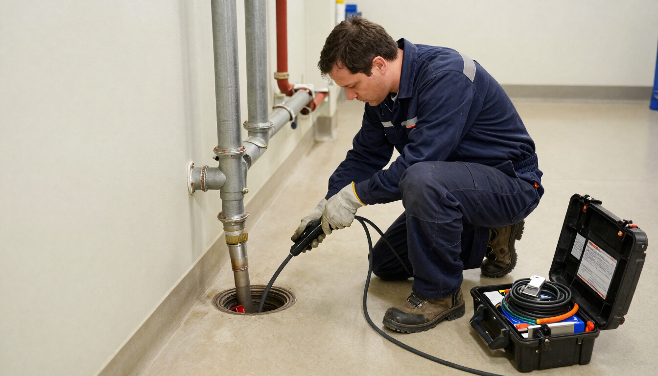 Técnico inspeccionando un desagüe del suelo con una cámara en un cuarto de servicio.