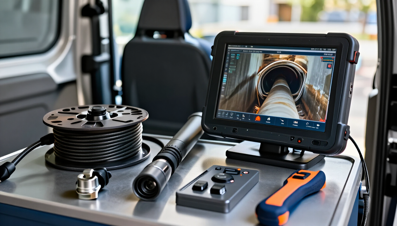 Kit portátil de cámara para inspección de tuberías con monitor, cables y herramientas sobre el asiento de un vehículo