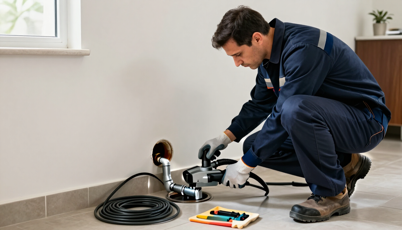 Técnico arrodillado junto a un enchufe de pared, utilizando herramientas de medición eléctrica con un cable.