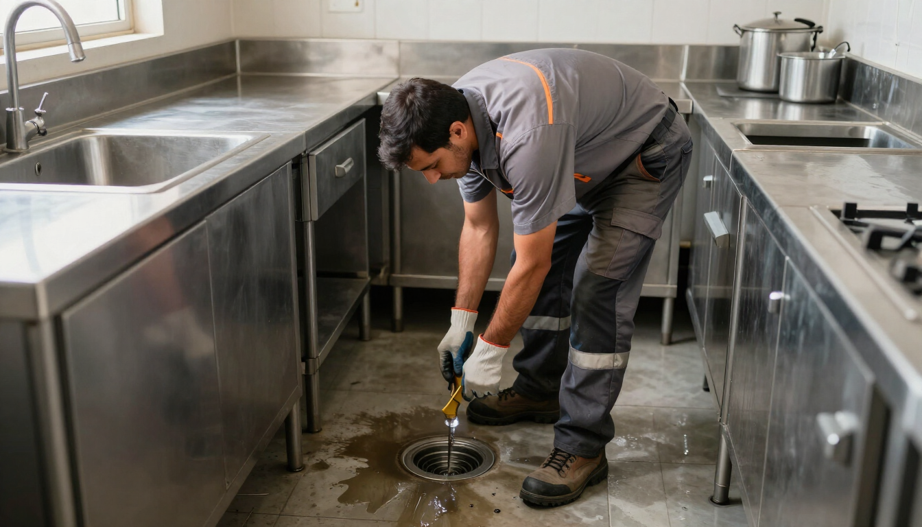 Un trabajador desatasca un desagüe del suelo de una cocina comercial de acero inoxidable con un desatascador