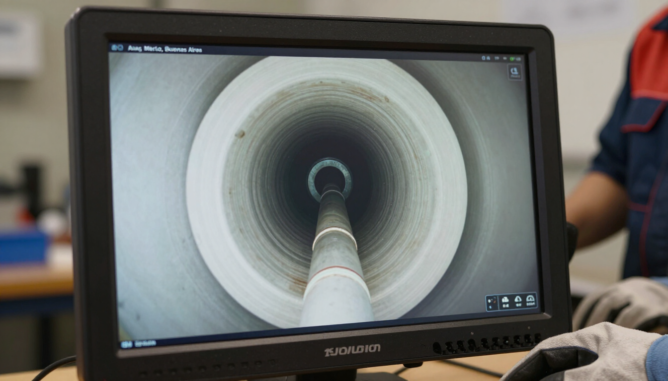 El monitor muestra el interior de una gran tubería o túnel cilíndrico