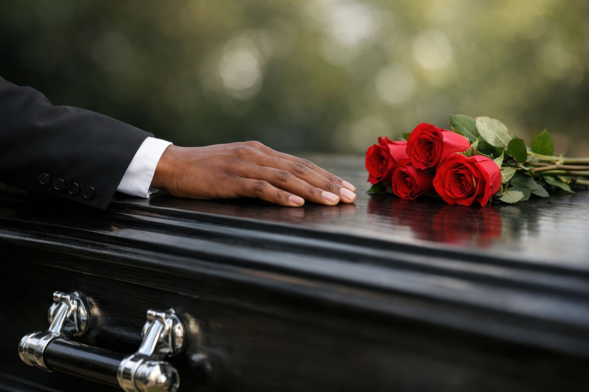 White casket with silver handles on a dark stand, surrounded by flowers outdoors