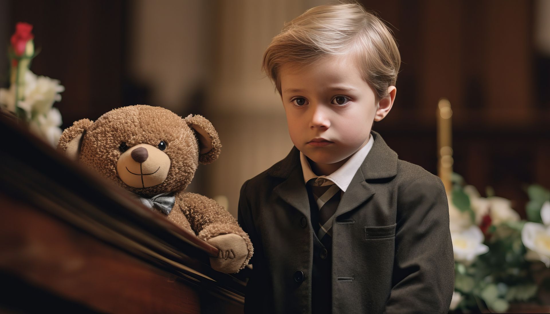 A young boy in a dark suit stands beside a teddy bear near flowers in a church-like setting.