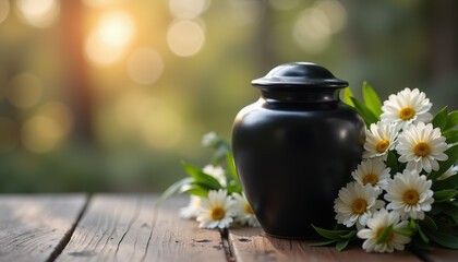 Hands holding a gray speckled ceramic urn or vase against a black shirt background