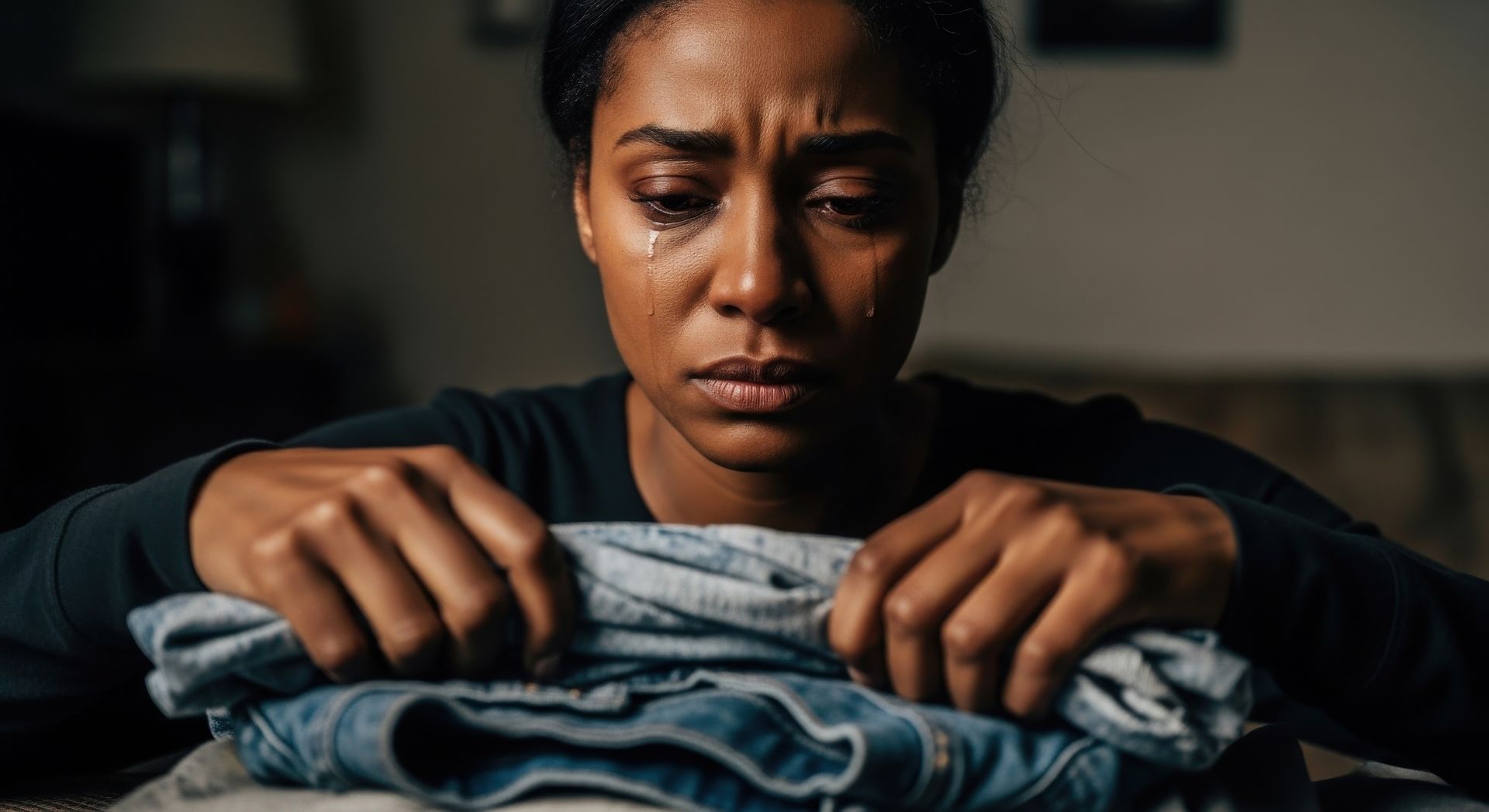 Woman folding clothes with a sad expression at a table indoors