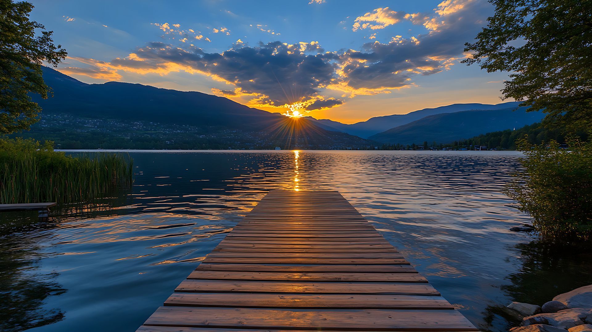 Wooden dock stretching into a calm lake at sunset, with mountains and glowing clouds reflected on the water.