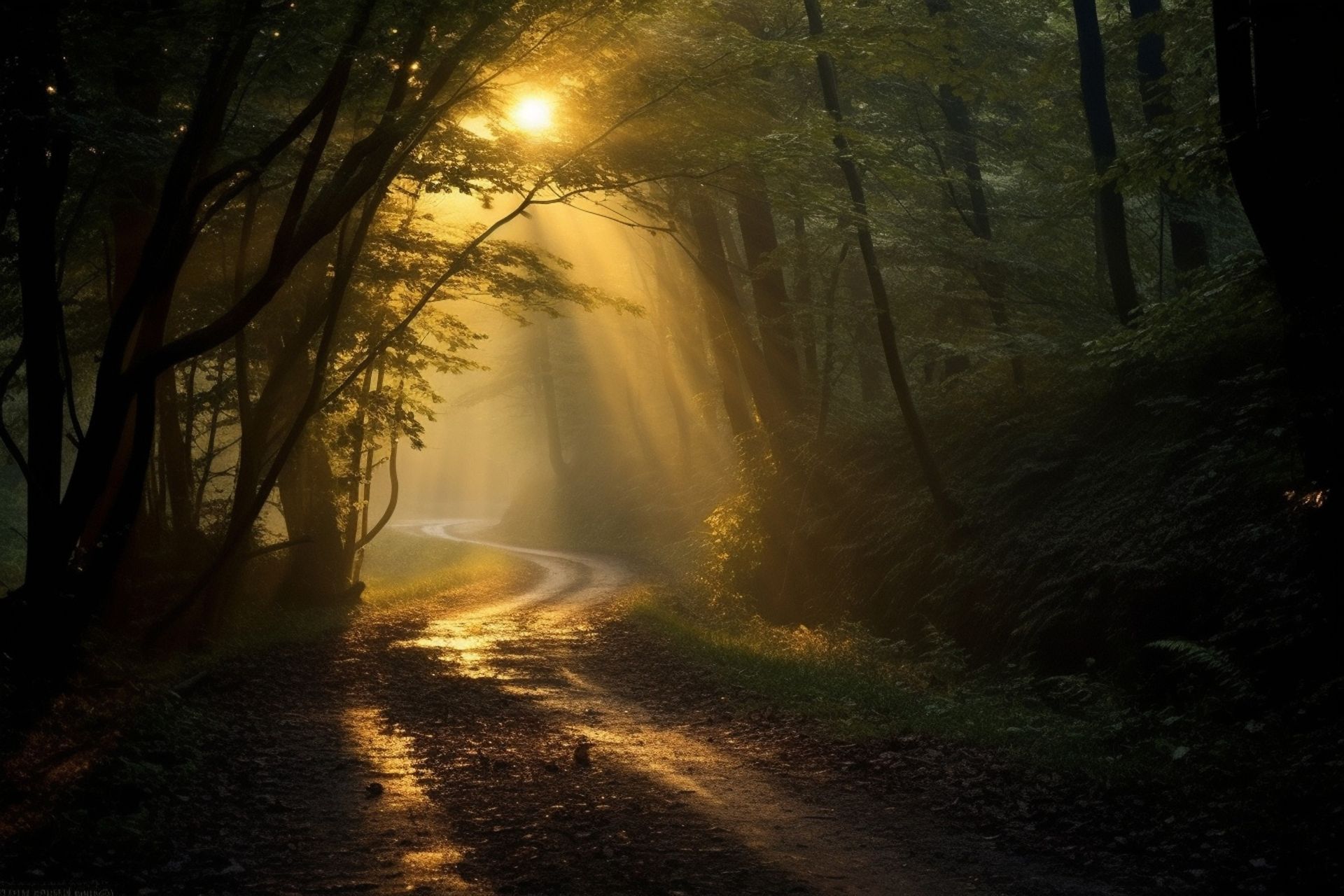 Sunlight streaming through a misty forest onto a winding dirt path