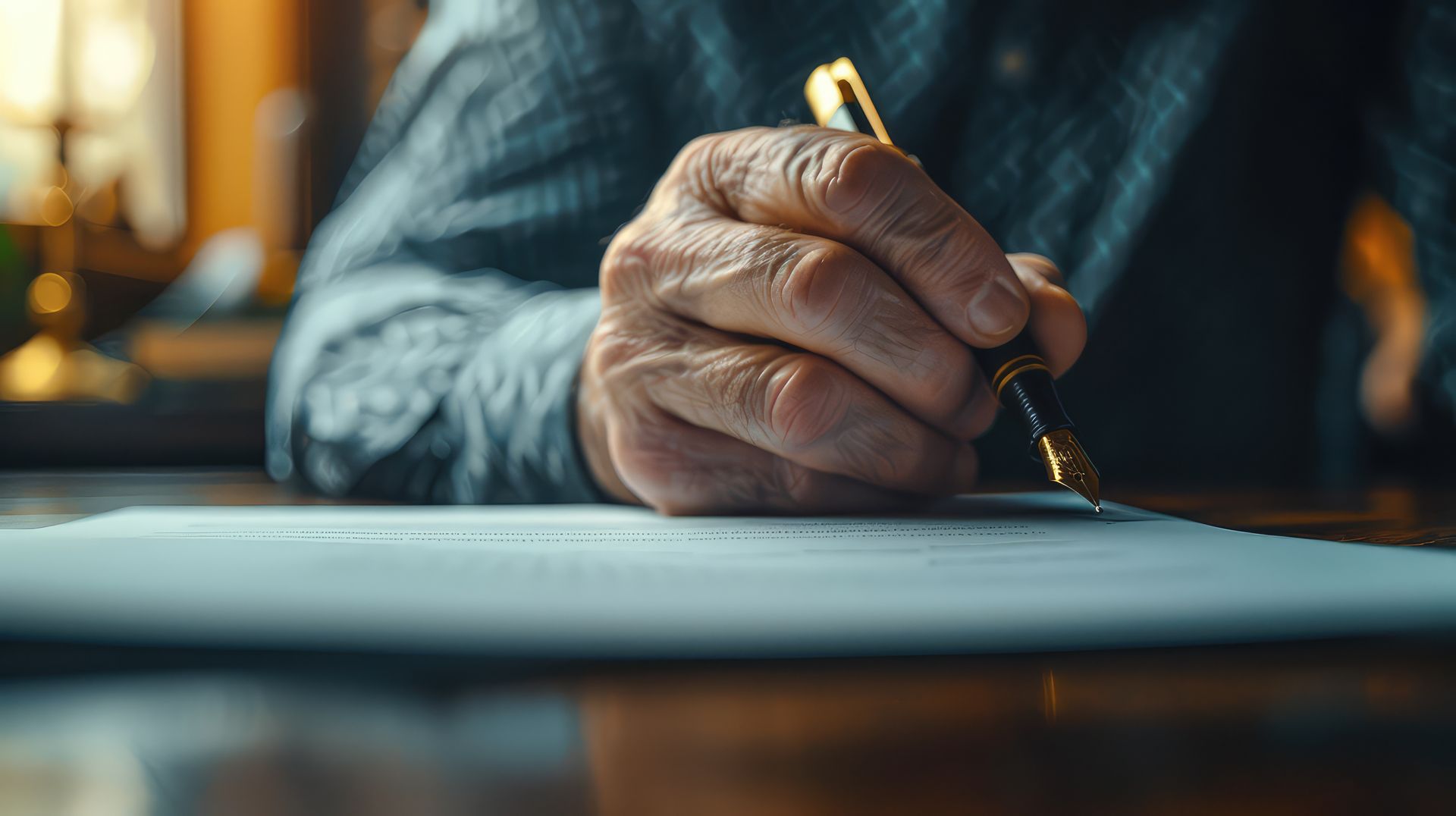 Hand holding a pen over paper at a desk, ready to write.