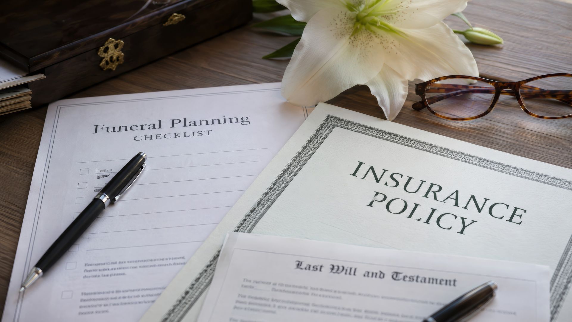 Insurance policy document beside financial planning papers, pen, glasses, and white flower on a desk