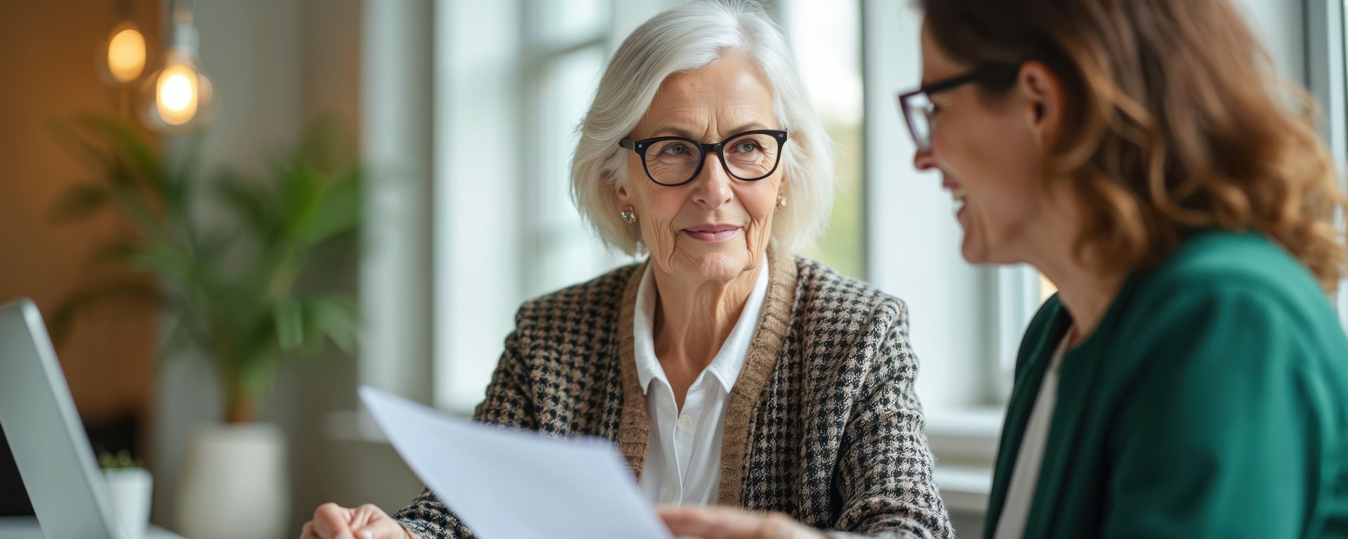 Two women in an office discussing papers, one seated and listening attentively.