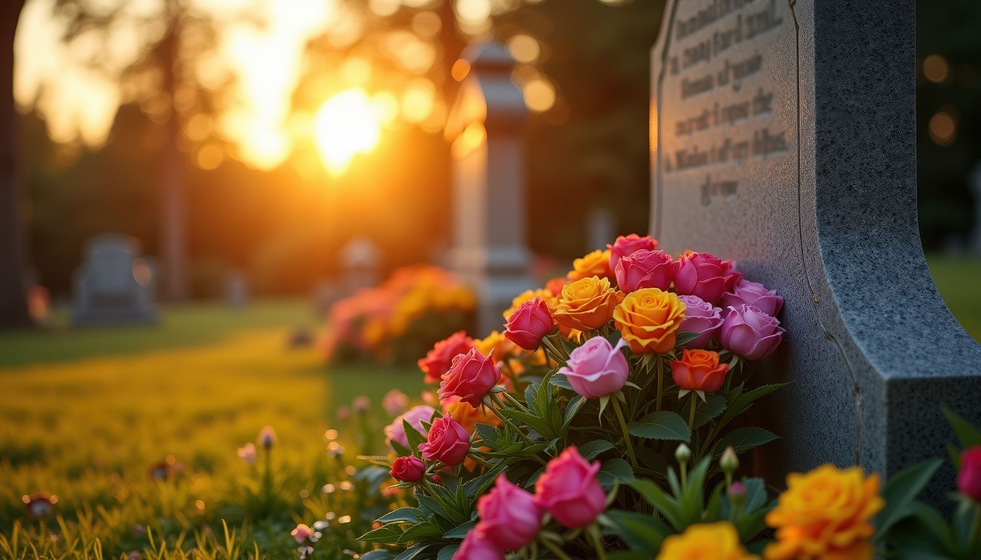 Bouquet of pink and orange flowers beside a gravestone at sunset in a cemetery