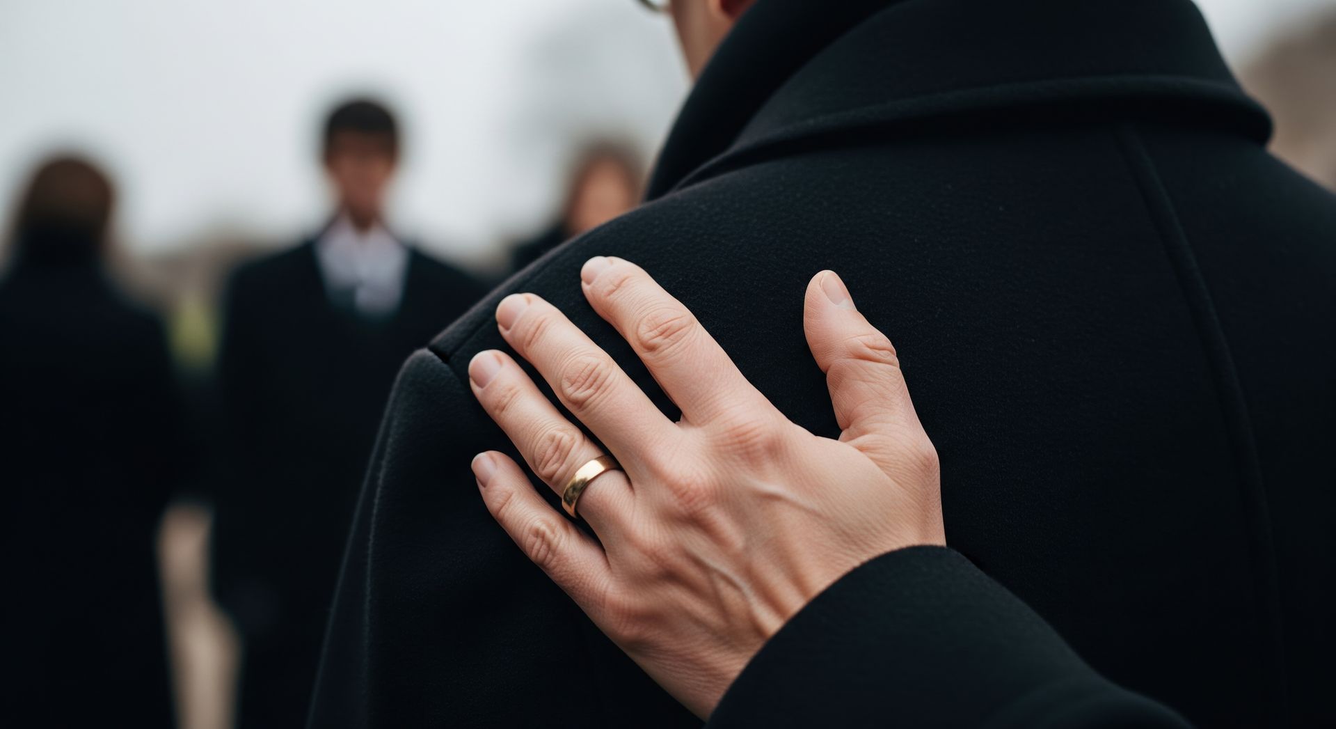 Hand on a black-clad shoulder at a solemn outdoor gathering