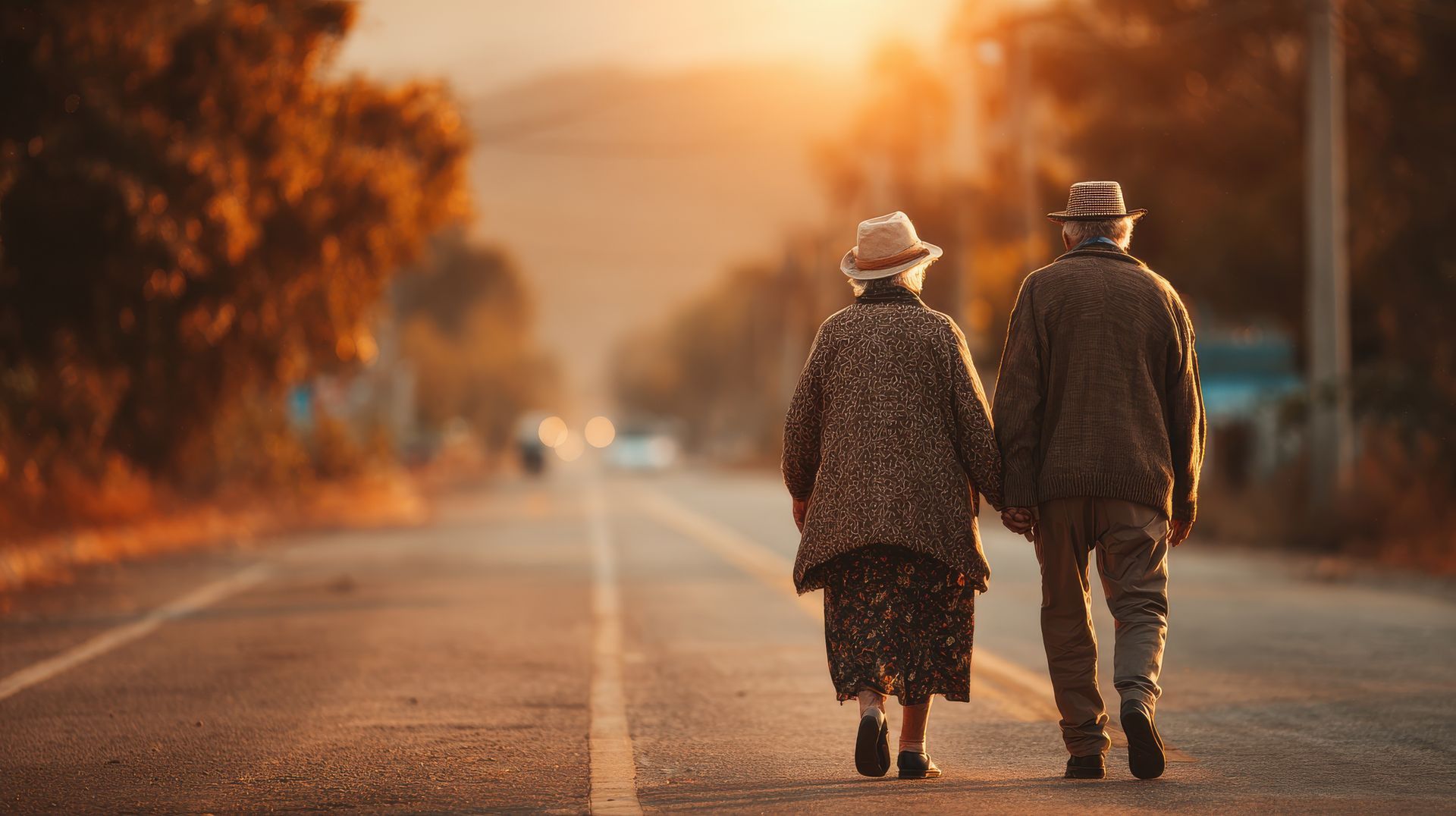 Two people walking hand in hand down a tree-lined road at sunset, with warm orange light.