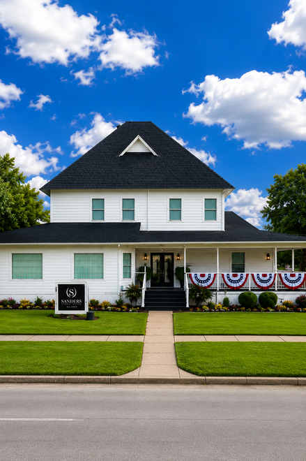 White two-story house with a black roof, front porch, and a large tree beside it.