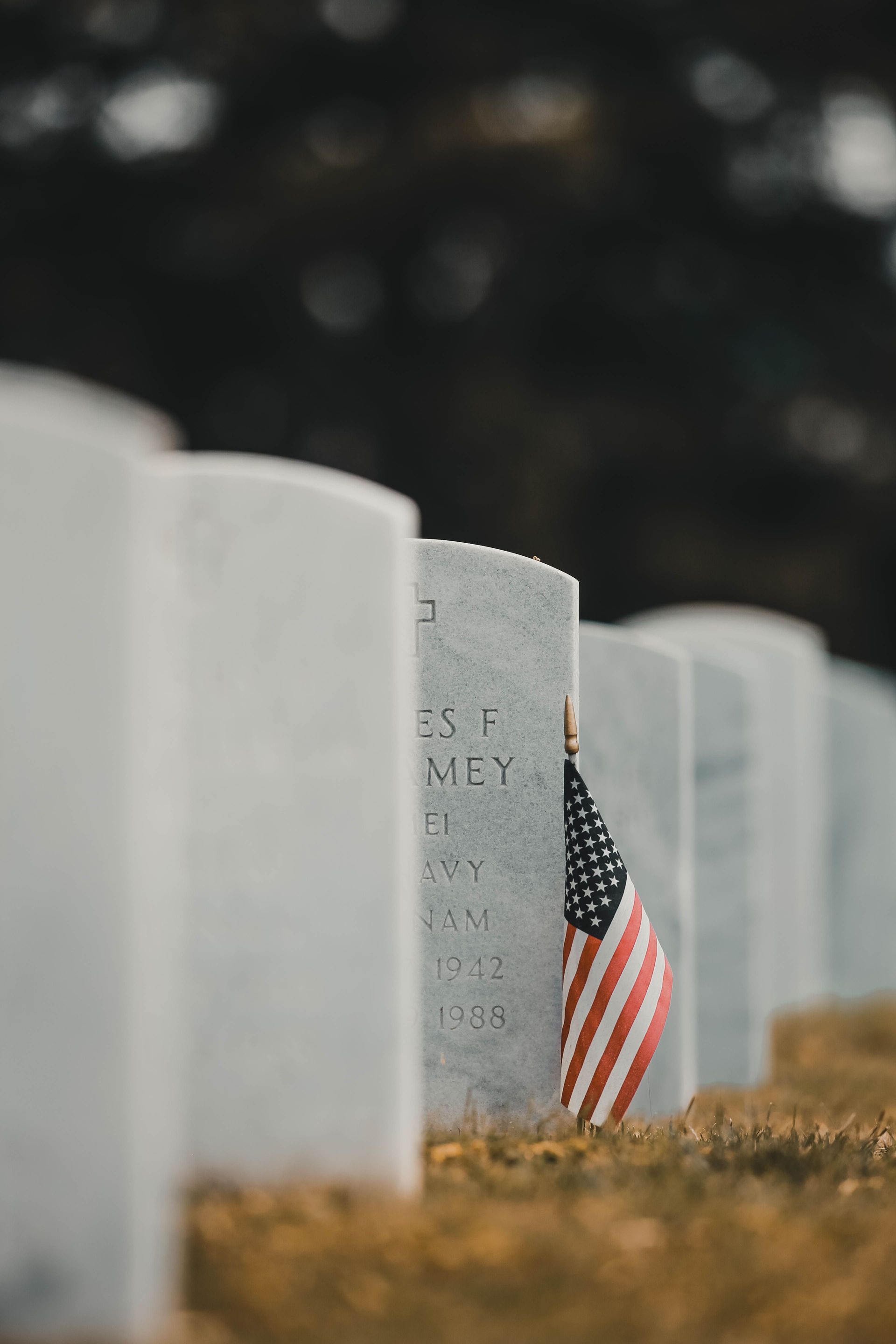 Military headstones with a small American flag in a cemetery
