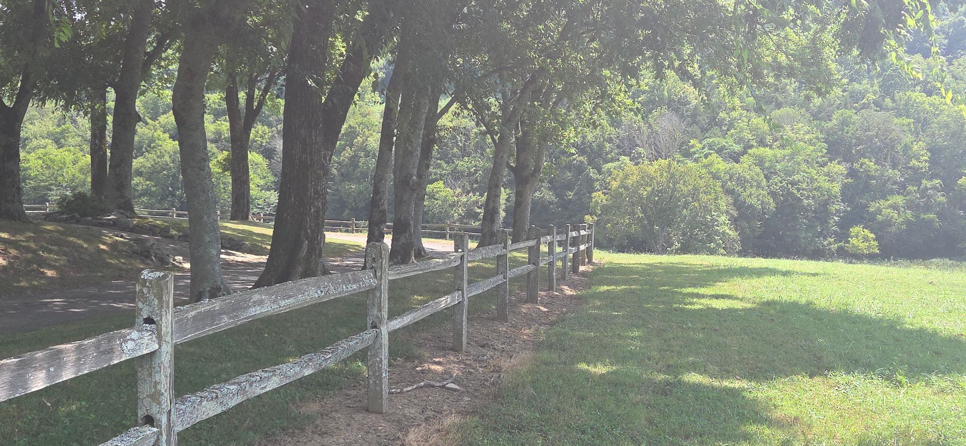 Interior of a stable with green and tan stalls lining a long corridor. Hay bale at the end with a glimpse of trees.