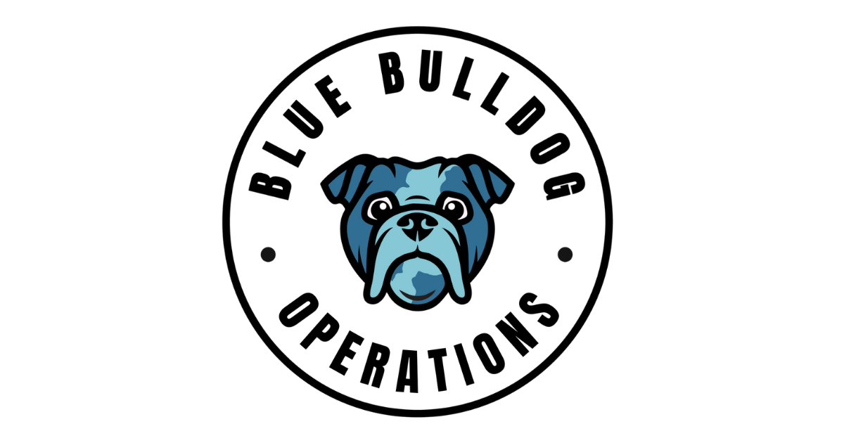 Blue bulldog logo in a black circle with text, 