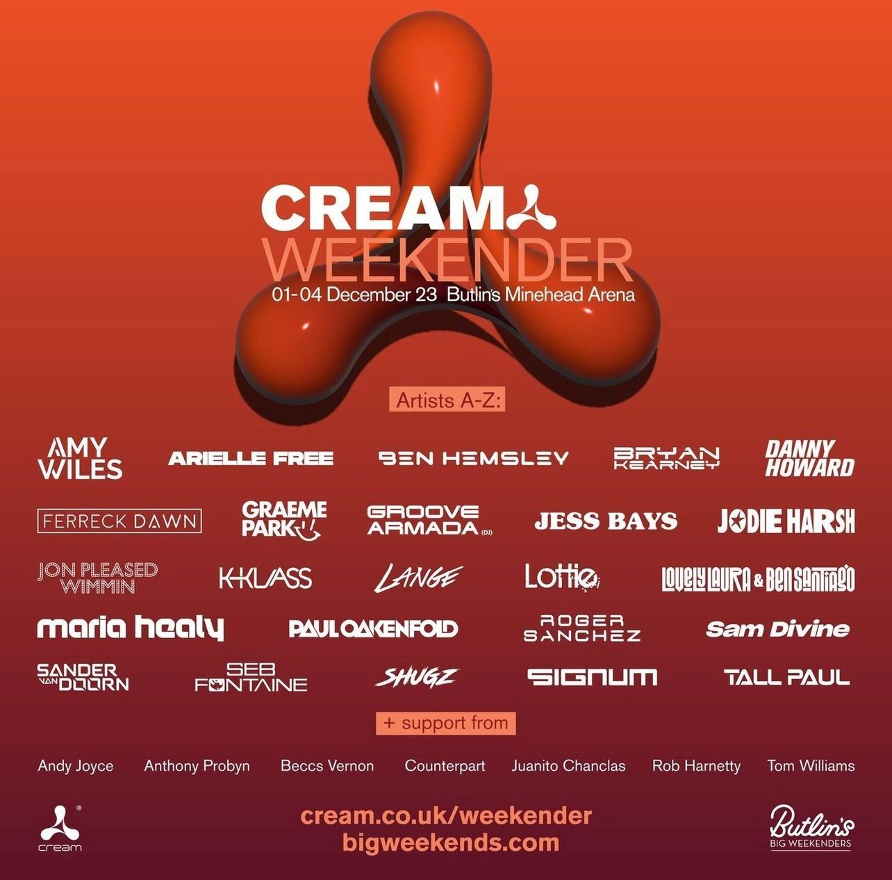 A poster for cream weekender shows many artists including amy wiles