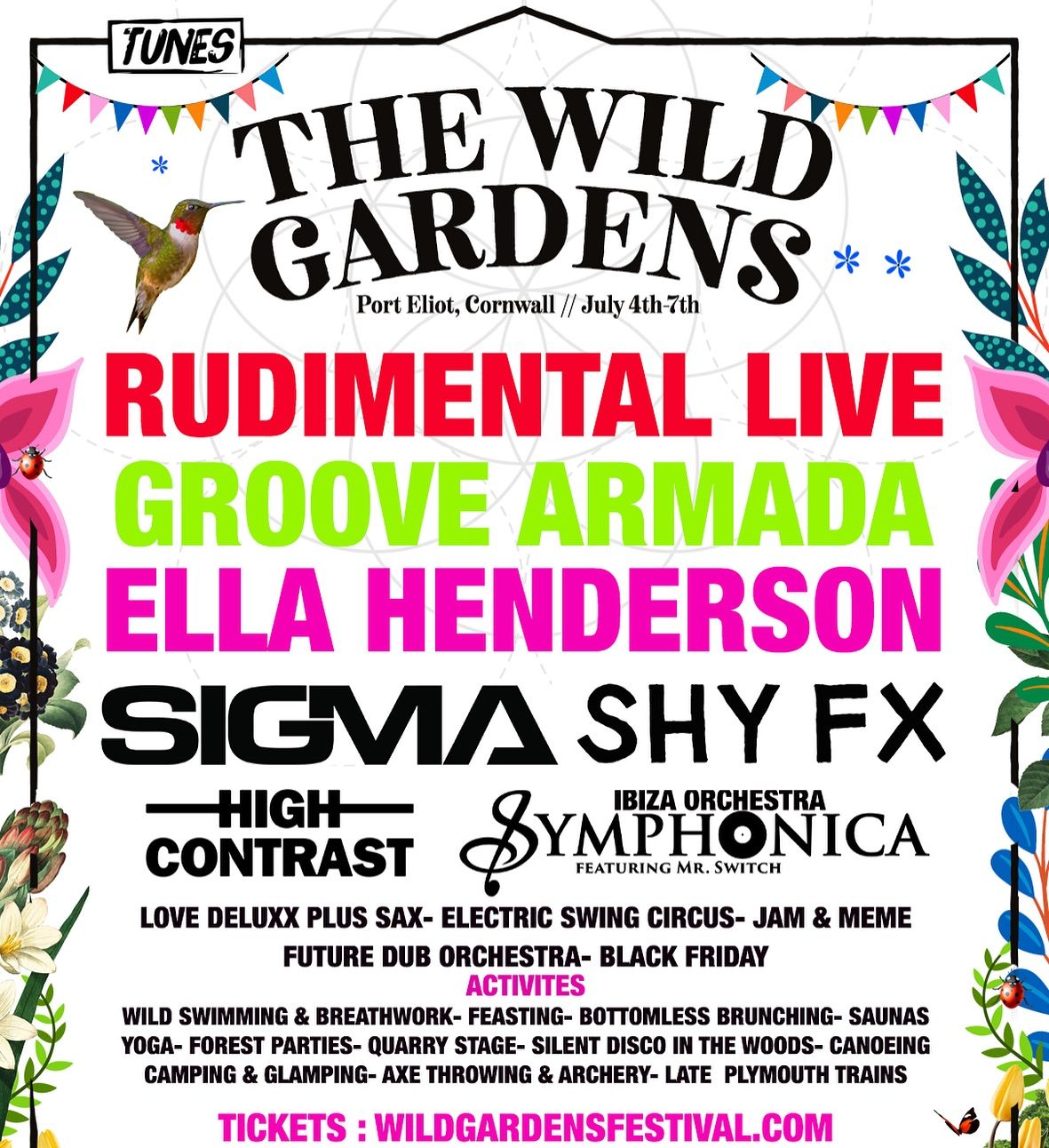 A poster for the wild gardens festival with a hummingbird on it.