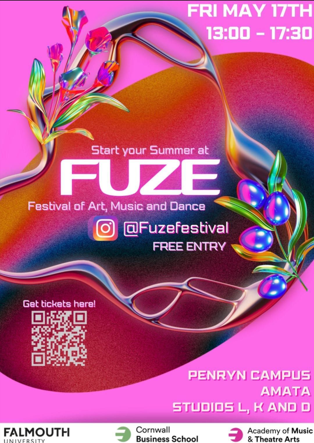 A poster for a festival of art , music and dance called fuze.