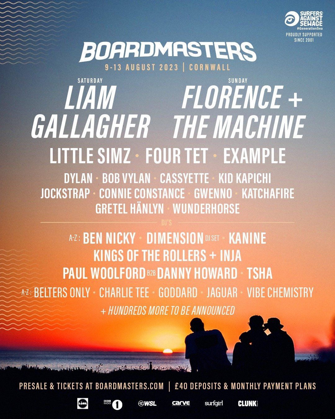 A poster for boardmasters featuring liam gallagher and florence + the machine