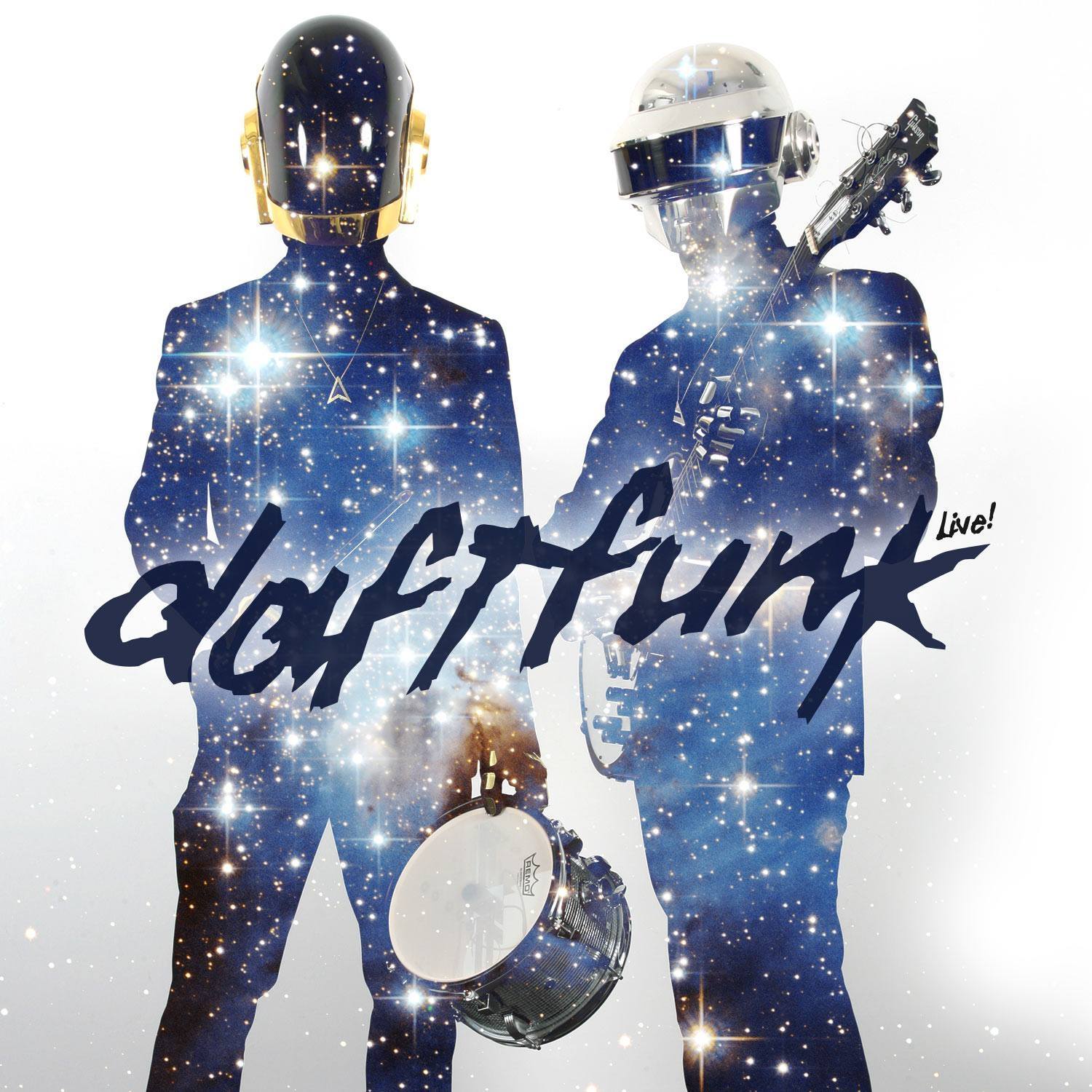 A poster for daft punk with a galaxy background