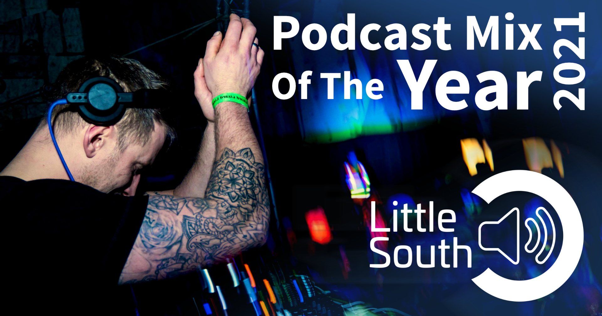 A man wearing headphones is playing a podcast mix of the year