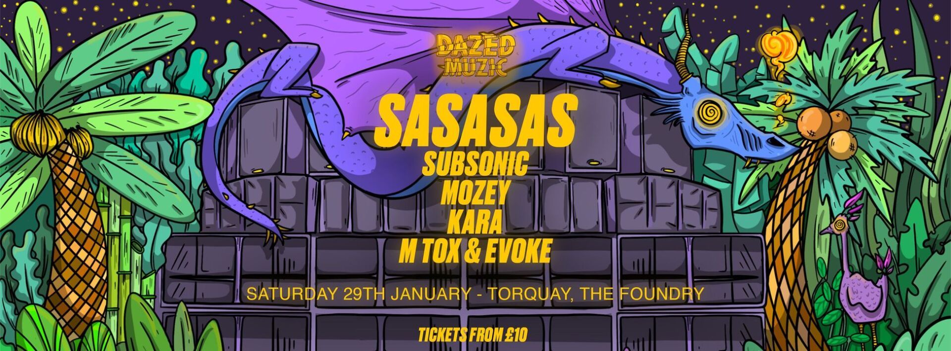 A poster for sasasas featuring a purple dragon