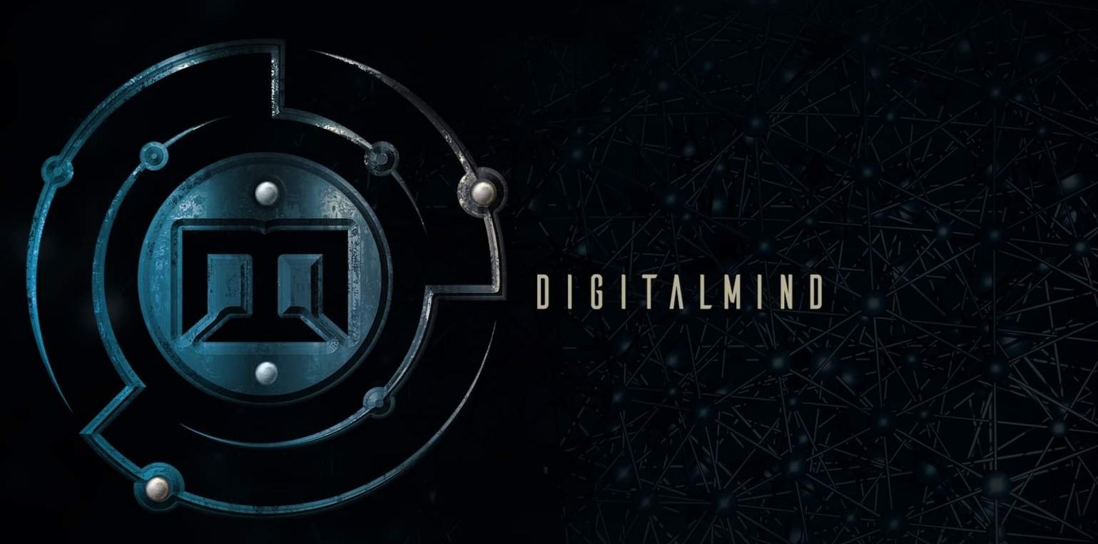 A digital mind logo is displayed on a black background.