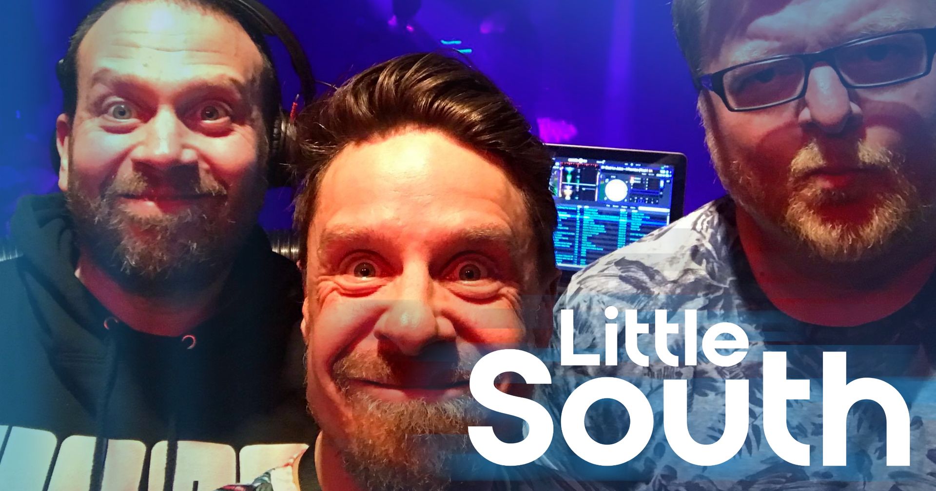 Three men are posing for a picture with the words little south on the bottom.