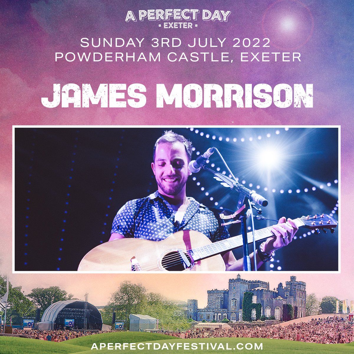 James morrison is playing a guitar and singing into a microphone at a perfect day festival.