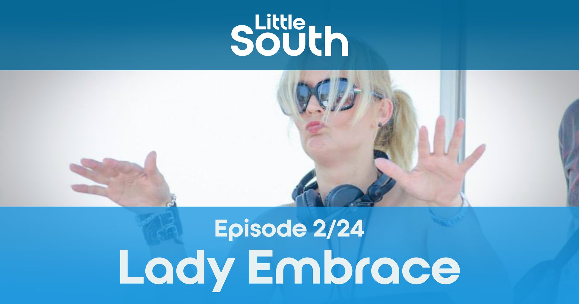 A woman wearing sunglasses and headphones is making a funny face.