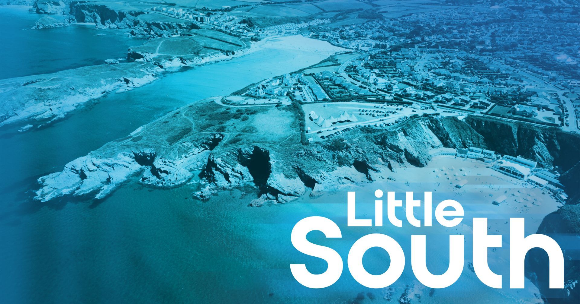 An aerial view of a body of water with the words little south above it